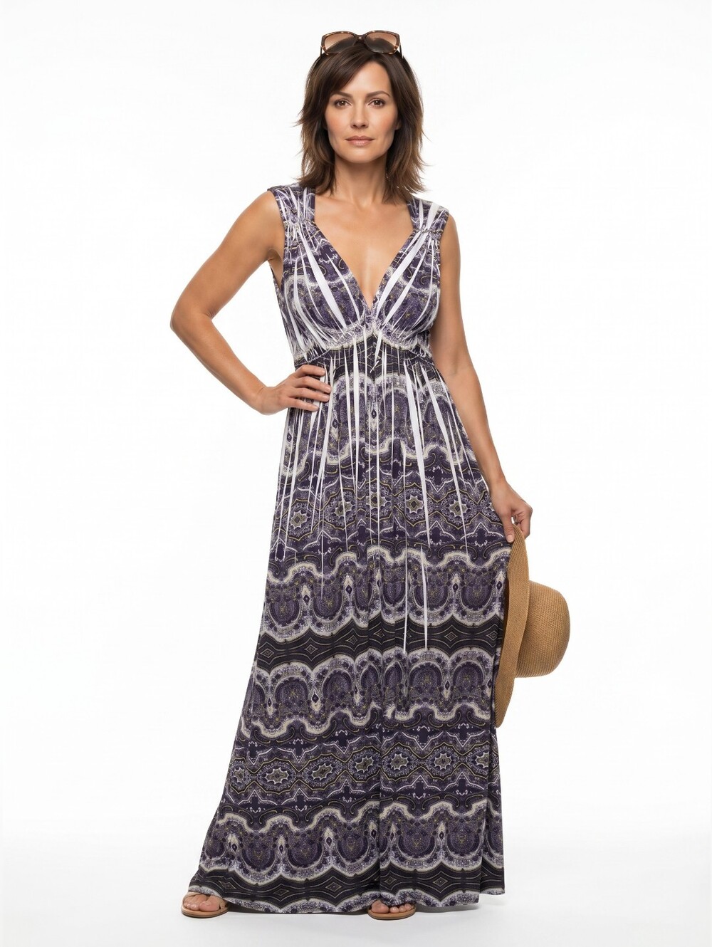Paisley Sleeveless Maxi Dress V-Neck Empire Waist Purple Black White Med